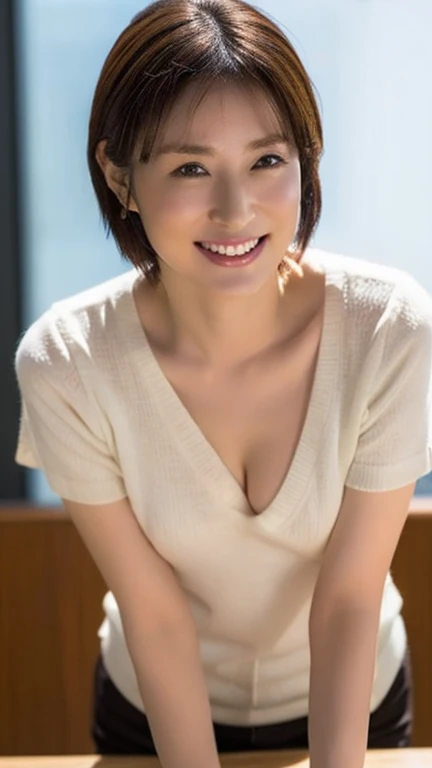 8k, highest quality, masterpiece, Real, graphic, Detailed depiction, Natural light, Japanese female 1 person, 40 years old, Slightly brown-haired, short hair, Y-shirt, (Leaning forward to look at a camera placed on the floor), Detailed pose, On all fours, mini skirt, 下着姿とY-shirt, Shapely bust、The shirt is unbuttoned、open chest shirt、You can see your cleavage in full、Detailed depiction of the chest、A refreshing smile、Friendly smile、Happy emotion smile、The face and skin are very delicate、The eyes are very fine、The face and skin are very delicate、The smile is very delicate、grass、The sky is clear、blue sky、detailed landscape