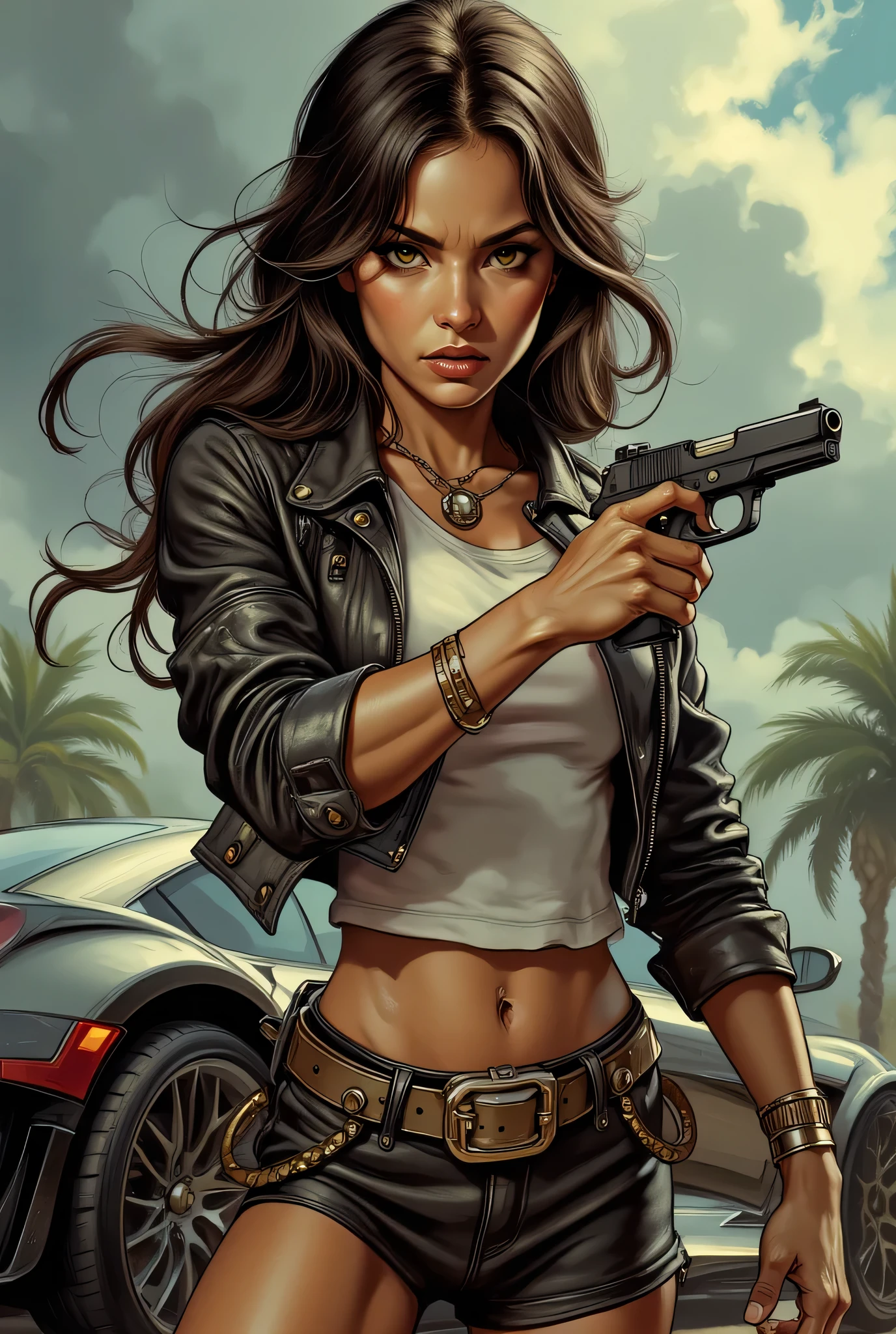 a portrait of a beautiful woman ready for battle, she is standing near her sports car, a mature woman, ((full body)), (ultra detailed face: 1.2), looking tense, looking dangerous, dynamic eye color, dynamic hair color, dynamic hair style dynamic skin complexion, holding a gun, wearing intricate leather leather jacket, white T shirt, small cleavage, skirt, wearing high heeled boots, BREAK standing near her car, ready to battle car, slick car, vibrant, Ultra-high resolution, High Contrast, (masterpiece:1.5), highest quality, Best aesthetics), best details, best quality, highres, 16k, (ultra detailed: 1.5), masterpiece, best quality, (extremely detailed) RAW, (ultra details, Masterpiece, best quality), Intense gaze , faize, Celestial Fantasy, zavy-ctcmcs, w1n, hyp3rd3tail style, Boris Vallejo
