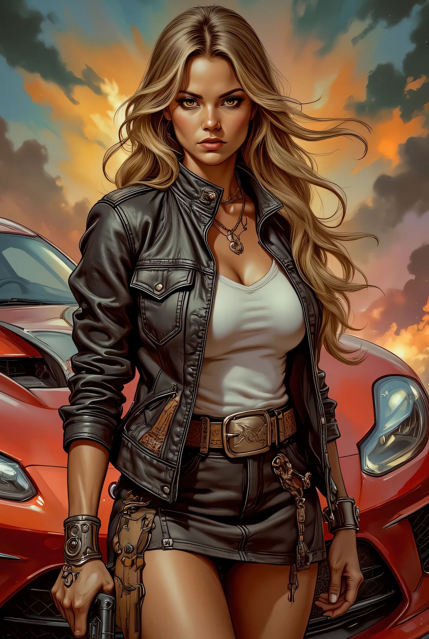 a portrait of a beautiful woman ready for battle, she is standing near her  sports  car, a mature woman, ((full body)), (ultra detailed face: 1.2), looking tense, looking dangerous, dynamic eye color, dynamic hair color, dynamic hair style dynamic skin complexion, holding a gun, wearing intricate leather  leather jacket, white T shirt, small cleavage, skirt,  wearing high heeled boots, BREAK standing near her car, ready to battle car,  slick car,  vibrant, Ultra-high resolution, High Contrast, (masterpiece:1.5), highest quality, Best aesthetics), best details, best quality, highres, 16k, (ultra detailed: 1.5), masterpiece, best quality, (extremely detailed) RAW, (ultra details, Masterpiece, best quality), Intense gaze , faize, Celestial Fantasy, zavy-ctcmcs, w1n, hyp3rd3tail style, Boris Vallejo