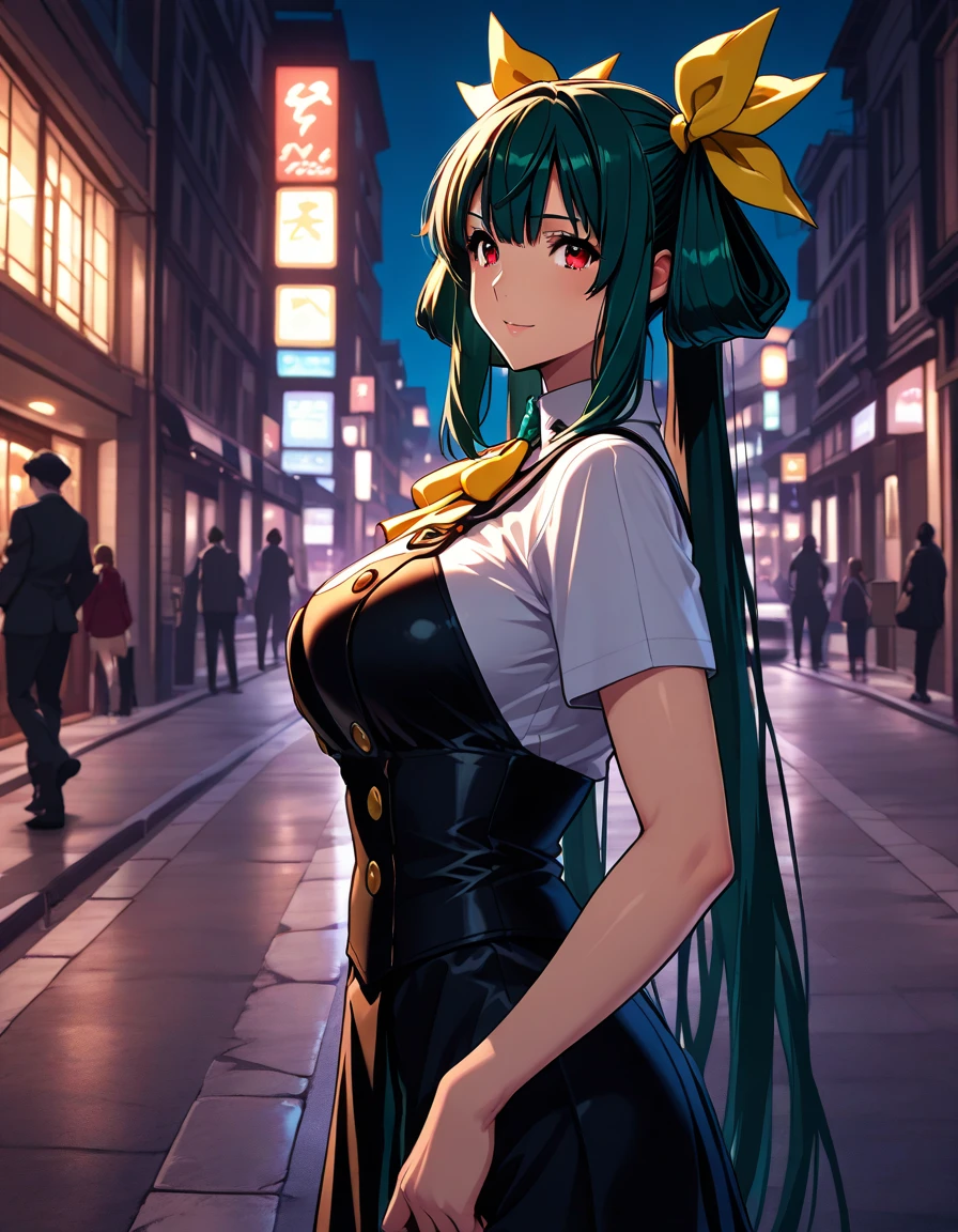 (best quality,4k,8k,highres,masterpiece:1.2),ultra-detailed,(realistic,photorealistic,photo-realistic:1.37),Tsuanade,green robe,old city,night time,moon,neon lights,tits,emerald green robe,aged cityscape,festival of lights,painted with meticulous details,traditional Japanese attire,shimmering moonlight,glowing neon signs,exquisite embroidery on the robe,towering ancient architecture,rustic charm of the city at night,bustling streets adorned with lanterns,serene ambiance,breathing life into the scene,subtle illumination of the moon,prominent city landmarks in the background,contrast between the dark sky and the vibrant city,enchanted atmosphere,sublime beauty of Tsunade,charismatic presence,whispers of the past from the city walls,nighttime allure,emerald green hues blending seamlessly with the night,depiction of Tsunade's captivating gaze,sophisticated elegance through the portrayal,mystical charm of the moon casting its glow,playful colors from the neon lights,creating a surreal and magical setting,intricate patterns on the robe,an artful mix of tradition and modernity,illuminated display of the city's heritage,visual feast for the eyes.
