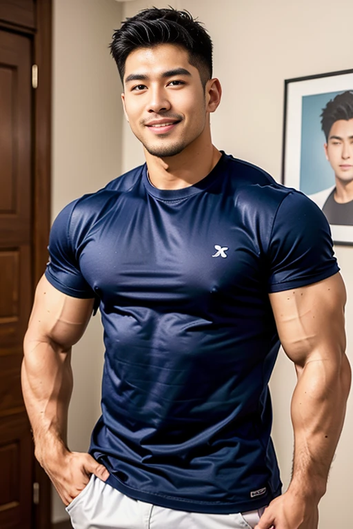 ((Highest quality, 8K, Masterpiece: 1.3))、Thailand Laos Burma Asia, Thai man, A handsome Asian rugby player with short hair, a muscular beard, and big muscles., １A man who has、 yo、Good appearance、Beautiful nose、smile、 Detailed eyes and face、beautiful light、(studio)、high resolution、（Look at the viewer.）、Fine mouth、smile、whole body: 1.5, perfect shape: 1.3, Picture of both shoulders:1.3, Navy blue round neck t-shirt:1.5