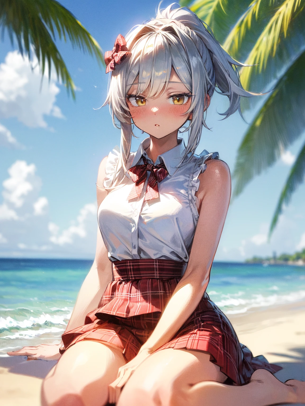 ​masterpiece, top-quality, Detailed details, Detailed landscapes, beatiful lights, Beautiful Shadows,one girls,12year old,((open one's legs)),(Stand on one knee),Child's body shape,huge smile,(innocent smiles),detailed skin textures,flipflops,long,Bunching hair,Silver hair ornament、silber hair,piercings、Silver necklace、Red bright eyes、Children's swimwear,Fluffy swimsuit,Flip fluffy mini skirt,sea side、sitting on、beach parasol、L size drinks、blue-sky、llight rays、High contrast,((Look up from between your legs)),(((super low angle))),(nsfw:0.3)