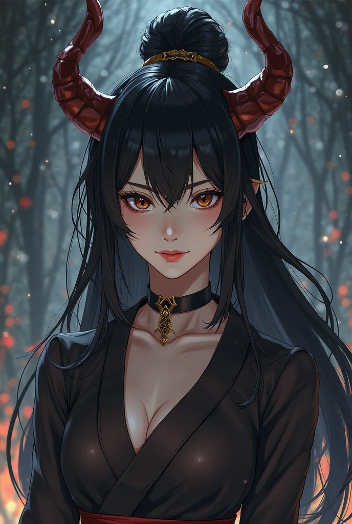 best quality, nsfw, extremely beautiful, beautiful face, long straight brown hair, yellow eyes, Shiny dark red skin, Demon horns, revealing dark armor, dark sape, in a dark forest at night, moon in background