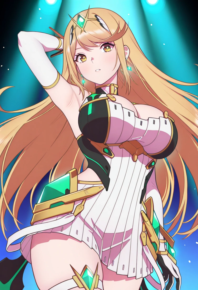 mythra \(xenoblade\), 1girl, armor, bangs, bare shoulders, long blonde hair, huge_breasts, cleavage, closed mouth, dress, neon green trim, earrings, elbow gloves, eyelashes, floating hair, gem, gloves, hair ornament, hairband, headpiece, jewelry, large breasts, leaning back
