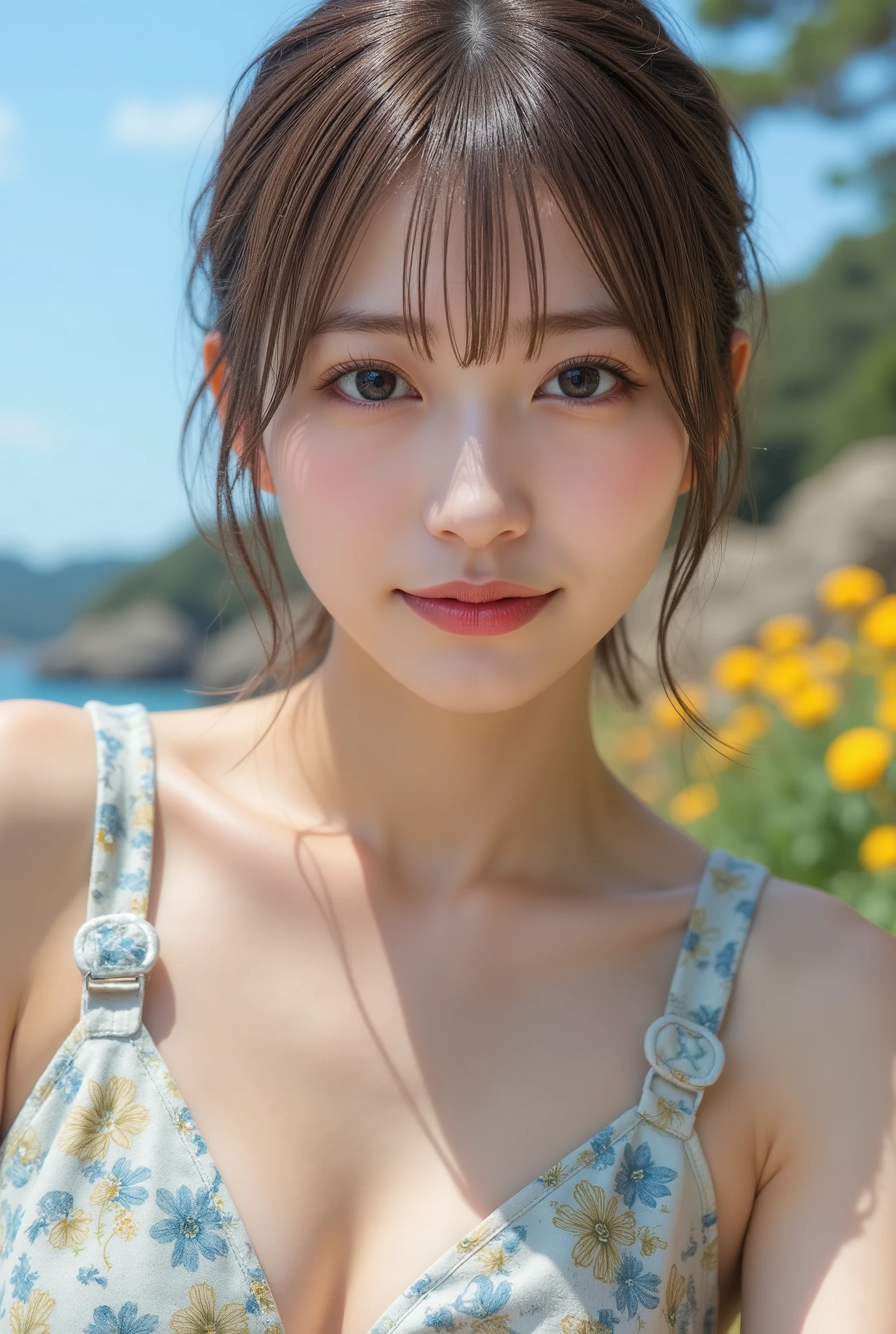 ((best quality)), ((masterpiece)), (intricate details, hyperdetailed:1.15), 35mm, bokeh, (perfect face, highest detailed face), (cowboy shot, mid-angle shot), fashion photography of bratz, lips, large breasts, beautiful, makeup, mascara, lip gloss, perfect eyes, long eyelashes, long hair, (wearing bikini), looking at viewer, 8k, shiny, glow, (bloom), beautiful girl, photoshoot, on the beach, tropical beach scenery, sea in the background