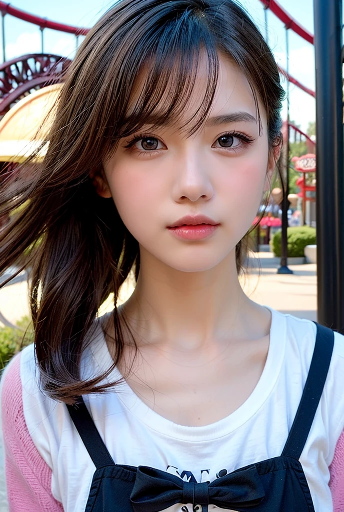 With the alleys of Kyoto in the background、18 year old girl、independent、Look forward、Light eye makeup、Brown Hair Color、flat 、hair blowing in the wind、quality of actress、Shiny, Ultra-realistic faces、smileの表情、Watery eyes、look up、Calming lighting effects、 Ultra-Realistic Capture、Very detailed、High resolution 16K human skin close-up。Skin texture must be natural、Must be so detailed that pores are visible、skin is healthy、Must be an even tone、Use natural light and color、High quality photos taken by a modeling agency&#39;Exclusive photographer、smile、one person