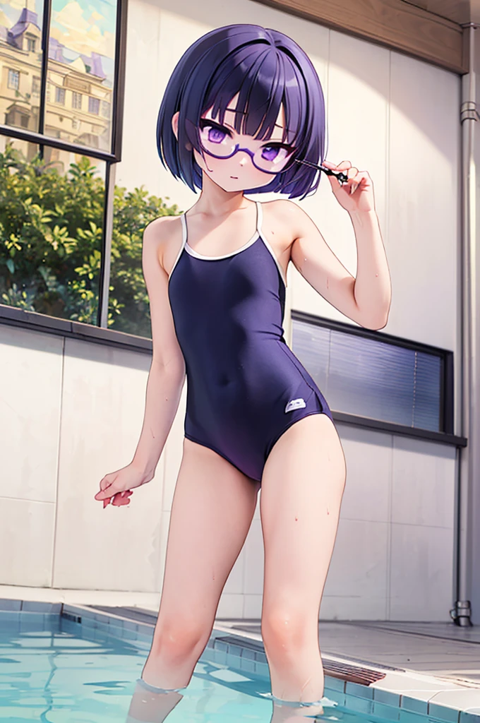 glasses、(((school swimwear)))、Beauty ballerina、Purple hair upstyle、((whole body))、(((photo taken from below)))、pool