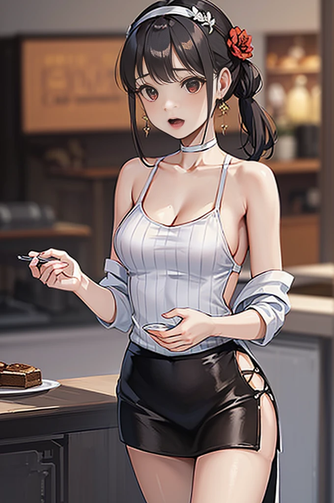 ((Masterpiece)), best quality, absurderes, ultra detailed, holographic, cowboy shot, dynamic pose, golden ratio, super cute girl, mature girl, extremely beautiful, super beautiful asian girl with super beautiful brown shiny eyes, super petite and sexy body, super beautiful legs, super beautiful brown multicolored short hair, high ponytail, shiny and super beautiful skin, nice and sexy body, slim and delicate body, perfect body, wearing a super tight black short sleeve crop top, bare shoulders, super tight translucid black leggings, hot panties, fox hairband, being photographed in a popular kawaii food court
