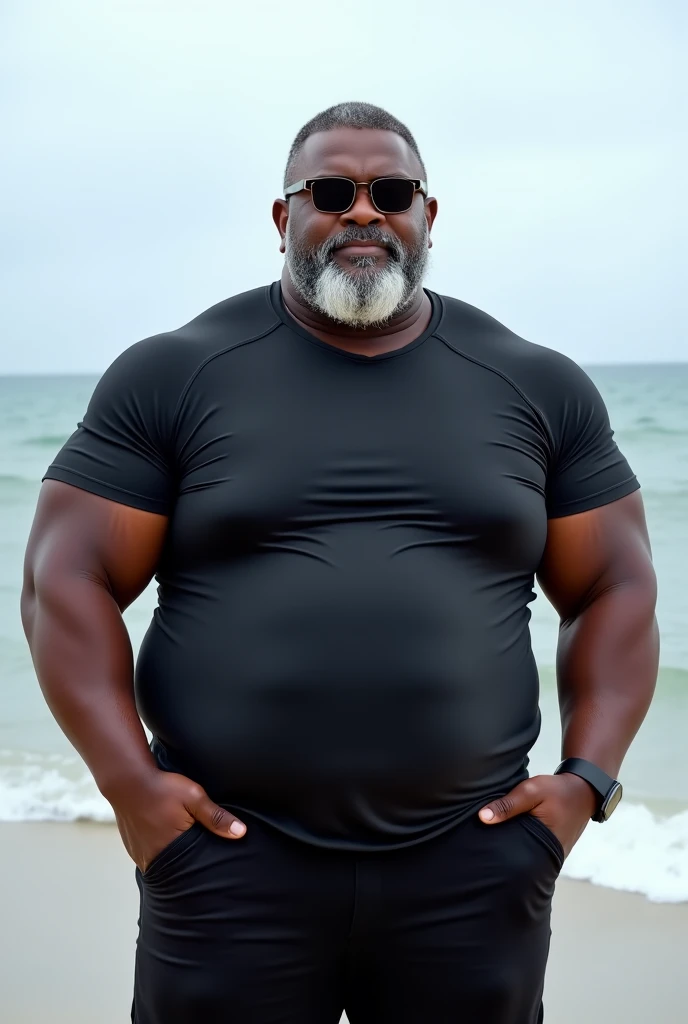 A gray-haired Senegalese sailor, super heavy bodybuilder with a sailor beret on his head and no shirt. Un culturista obeso de cuerpo completo con un cuerpo muy sudoroso. An extremely muscular and extremely fat old man over 70 years old weighing over 600 pounds. Muy musculoso, muy peludo, con grandes. pectorales con pezones oscuros y ginecomastia en una playa tropical con pantalones de marinero blancos 