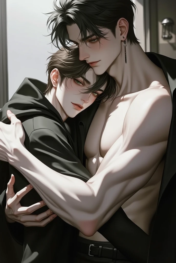 best qualtiy, a thriller masterpiece,High-gloss dark style, Man with his back to the rug, One man, male, soft blue eyes, dark circles under eyes, soft face, masculine, dark mauve hair, long hair, middle part, curtain fringe, bangs, wavy hair, tall, slender, muscular, broad shoulders, long eyelashes, gentle, masculine but beautiful, blue eyes, pink lips, eye bags, smile,masculine, gentle, casual clothes, white shirt, bare chest, bloody moonlight, desperate visual impact, hands spread wide, bedroom, lots of candles, big full moon outside the window,