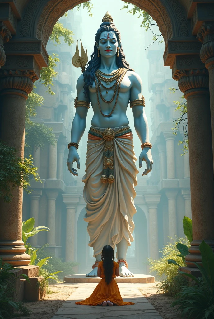 Ravana sitting with 10 heads infront of giant linga in a hall surrounded by carvings of lord shiva