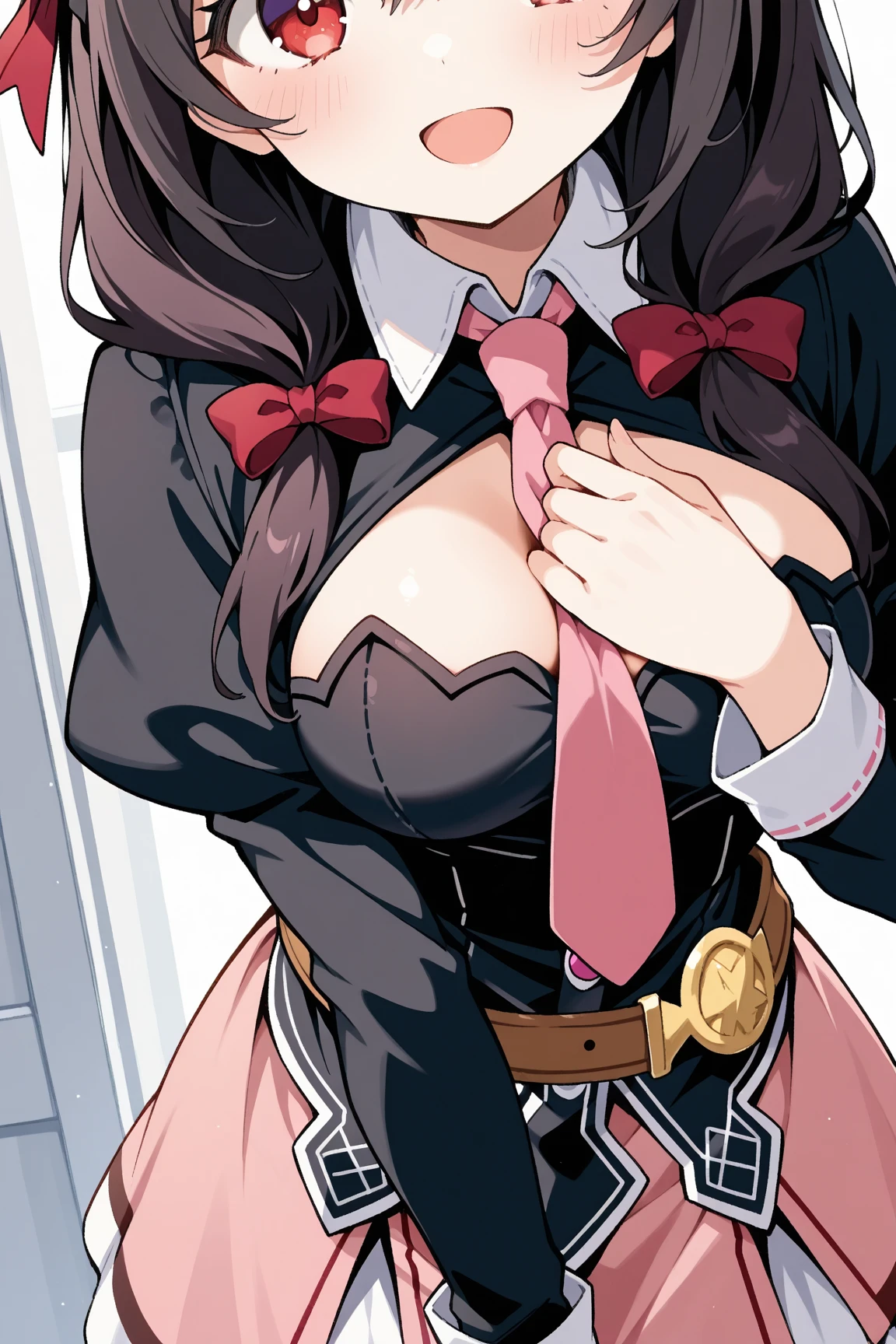 ((((Perfect Anatomy, Highly detailed skin)))), 1 girl, Kogane Tsukioka, B93, Japanese, 19 years old, Shiny skin, big breasts:0.5, look at the scenery,
((highest quality,8k,T masterpiece:1.3)), Sharp focus on the chest:1.2, Pretty woman with perfect figure:1.4, (((big breastsの谷間))), (信じられないほどbig breasts:1.5), Straight hair、Hair blowing in the wind, (Big Hips), smile, Thin abdominal muscles:1.2, ((Beautiful brown hair,:1.4)),
Highly detailed face and skin texture,detailed eyes,double eyelid、/ (Wearing a white uniform over a black playboy_Bunny Leotard:1.3), (Sailor collar:1.2),
(Red tie:1.3), (fake animal ears), (Don't go up and down々Clothes:1.2), (Short sleeve:1.1), (Black Bunny Girl Costume:0.8), (Fishnet tights:1.2), High heels, (Rabbit_tail:1.2),