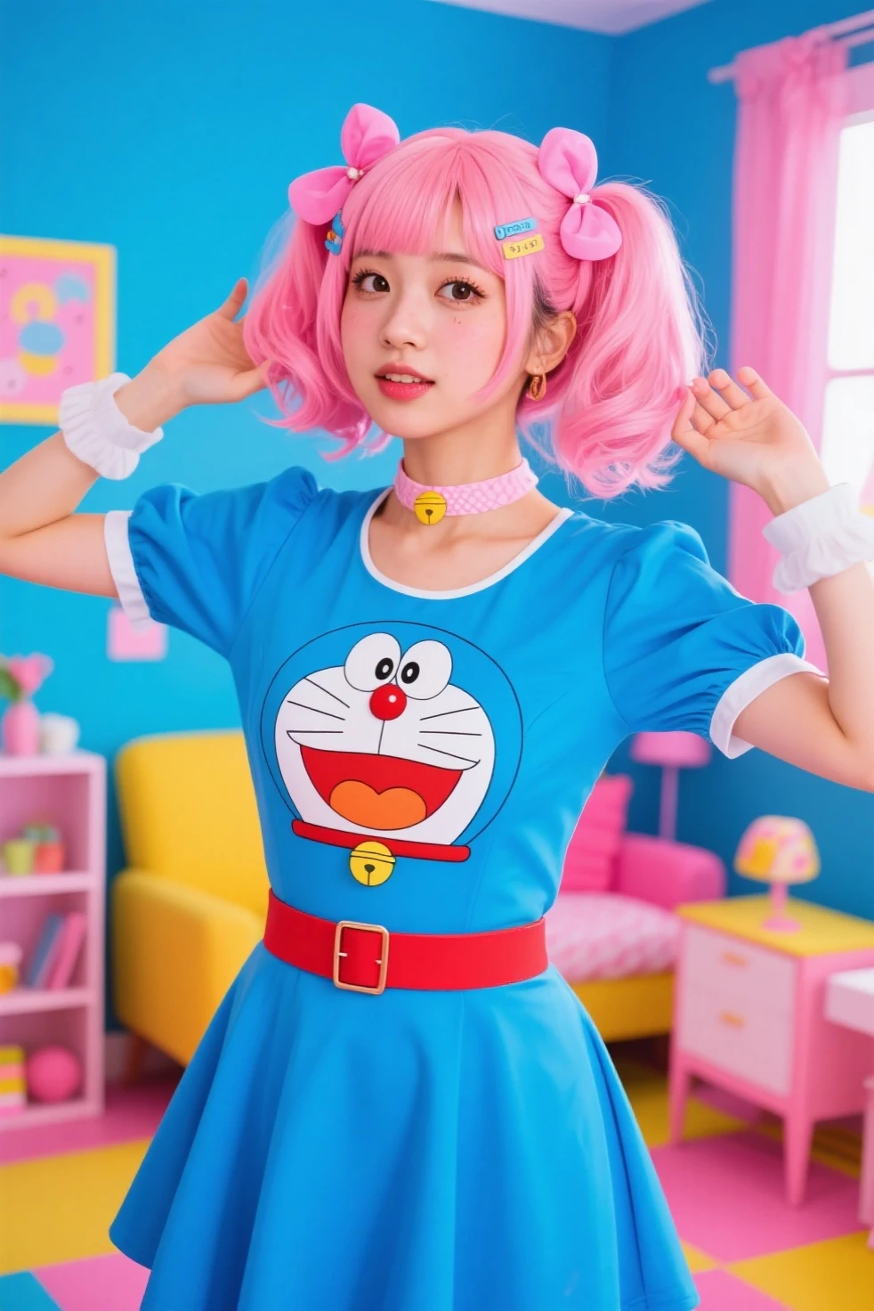 Floor-to-ceiling windows in the living room on the 180th floor of the Shanghai Tower door,Two little girls in openwork translucent stockings holding toys,Pout,Pink double-tailed hair and cyan eyes,Anime little girl in servant costume