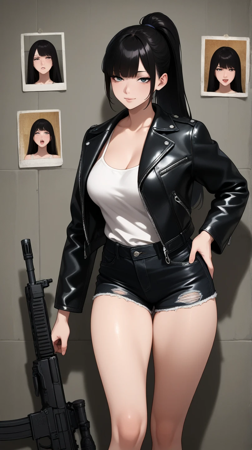 (((One beautiful woman:2.0))),(((NSFW:1.5))),((Nude:2.0))),(((Wearing a gun belt and holster on his waist:1.8))),((Wear a watch on your wrist:1.2))),(((Black Hair))),(((Exposed thin inner thighs))),(((Small breasts:1.5))),(((Bare arms))),((Blushed:1.5)), Beautiful detailed girl, Very detailed目と顔, 緻密でBeautiful Eyes, Very detailed, High resolution, Highest quality, masterpiece, Very detailed, 8k wallpaper, wonderful, finely, Highest quality,(Standing in front of a wooden wall),Beautiful Eyes,((Engage your audience:1.5)),(((Full body shot:1.7))),((Hands close to chest:1.5)),((((Shot from under your feet:2.0)))),(((Crying face:1.0))),(((Are standing:1.2))),(((Scared:1.7)))