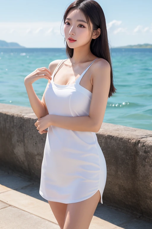 a lot of details, (slender waist), 30 years old, detailed black hair, beautiful detailed hair, super fucking beautiful, complex details beautiful and delicate eyes, perfect hands, (small breasts best quality), perfect and delicate limbs, detailed skin, best quality, ultra-detailed,
feet out of frame, on side, Fighting stance, handled hair, white idol dress, falling petals, beautiful detailed dark midnight sky, Water as smooth as a mirror,