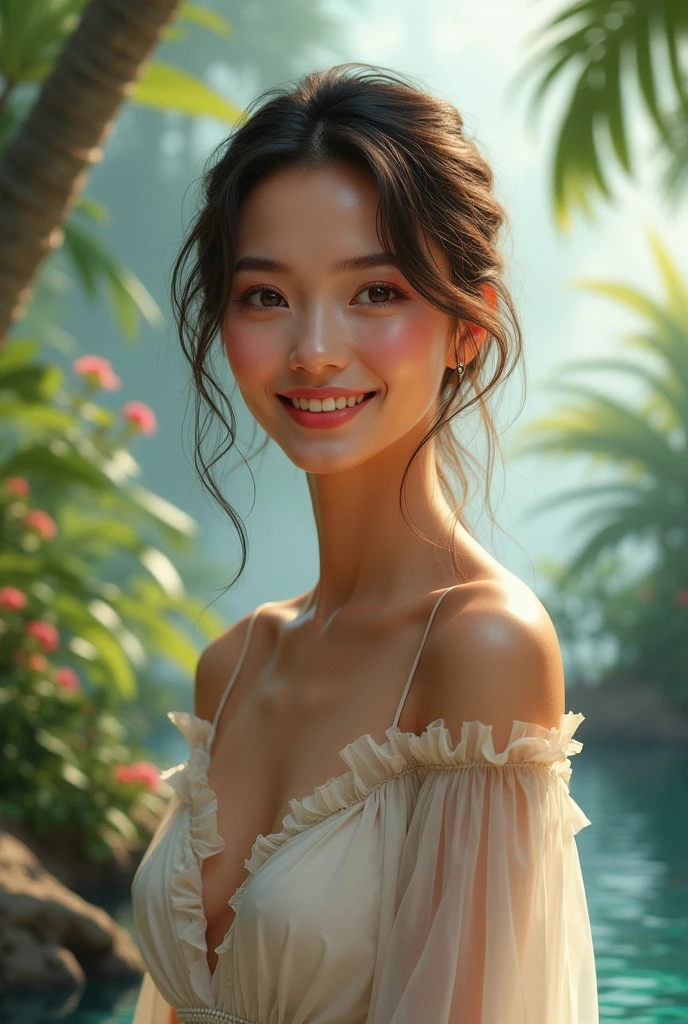 sketching，character sketch，Black and white painting,(Realistic:1.5),(RAW photo:1.4), (Photorealistic:1.3),(Masterpiece), Best quality, Highest quality, 8K wallpapers, Detailed and intricate, Original,A high resolution, [:(Detailed face:1.2):0.2],filmgrain, Fujifilm XT3, (highdetailskin:0.9), 8K,(Ulzzang-6500:0.9), Balcony, grin, cleavage, Detailed gradient background,  Slim body,Beautiful dress,