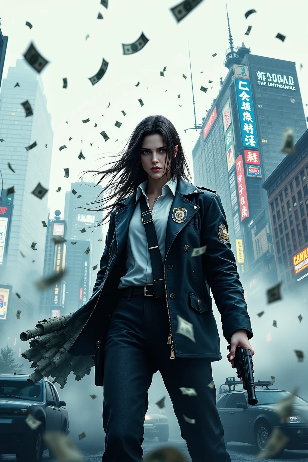 복합 Double Exposure , giant Stationery "VI"의 상단에 덧쓰여진 Stationery "Grand Theft Auto" , Police and mafia war, Double Exposure , Fighter , Double Exposure , tank, Double Exposure , Falling money뭉치고품질,4K,8K,super resolution,masterpiece,Extremely Detailed,Realistic,photorealistic,HDR,UHD,Studio lighting,Extremely elaborate painting,The ,physics-based rendering,Extremely Detailed 묘사,Professional ,vivid colors,보케복합적인 Double Exposure 효과, giant "VI" Stationery,crime city "Grand Theft Auto" Stationery,The confrontation between the police and the mafia,Fighter ,tank,Falling money,Stylish and violent atmosphere