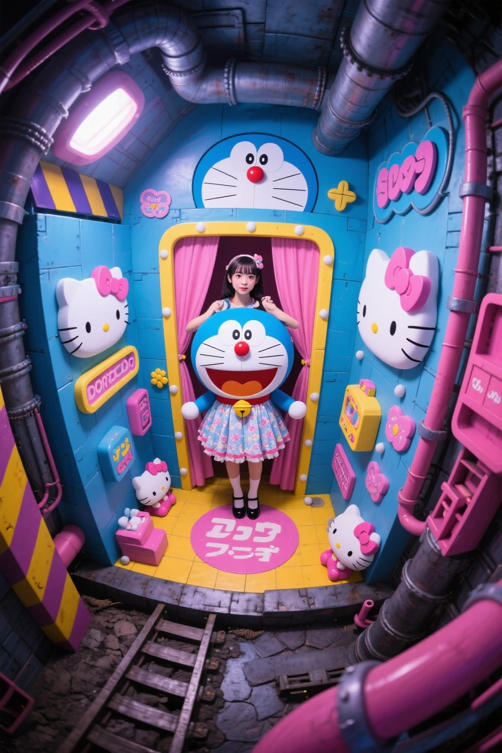 Floor-to-ceiling windows in the living room on the 180th floor of the Shanghai Tower door,Two little girls in openwork translucent stockings holding toys,Pout,Pink double-tailed hair and cyan eyes,Anime little girl in servant costume