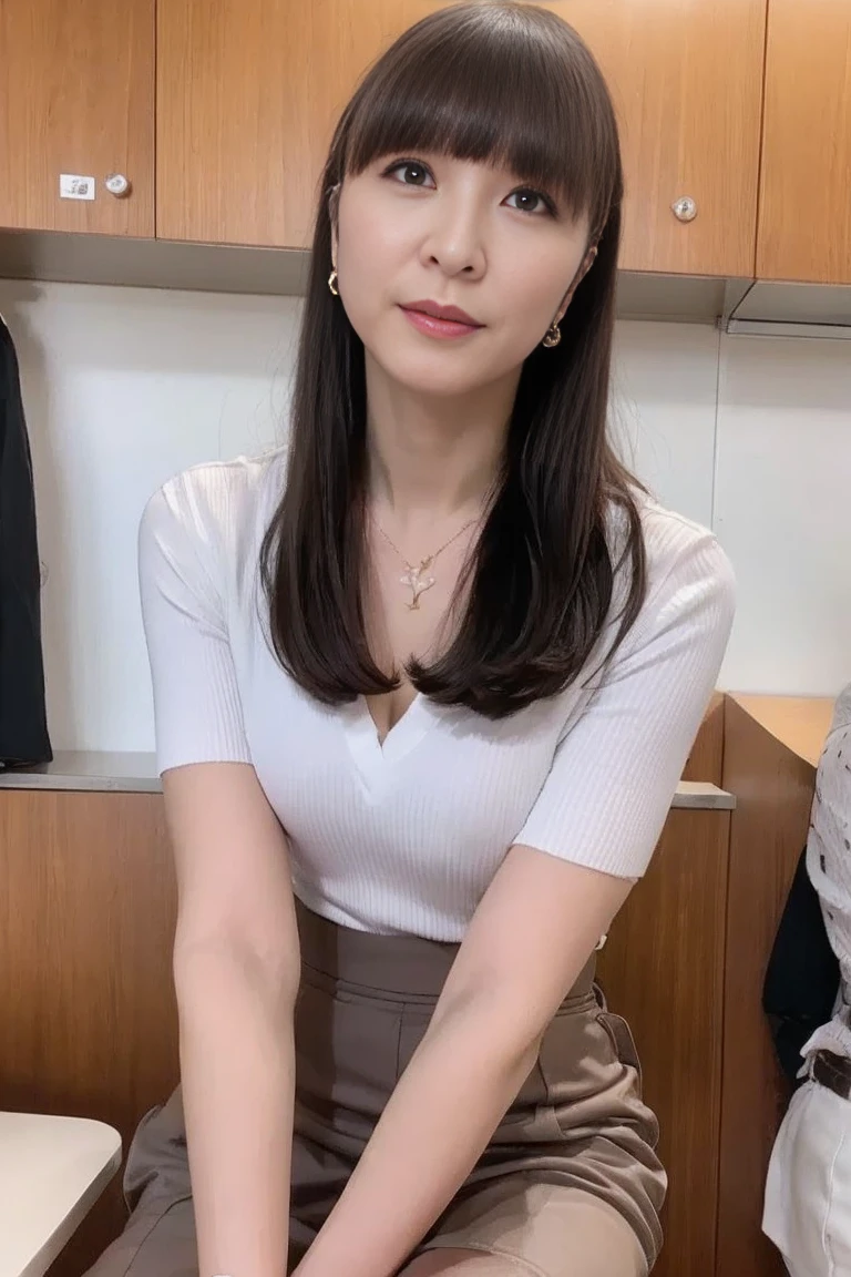 High resolution, High level image quality, high detail, masterpiece, rough skin, anatomically correct, sharp, 
Classroom blackboard background 
((japanese mature, 50 years old)), alone, ((facial wrinkles)), good shape big breasts, Straight light brown hair that reaches to the shoulders, Chubby body type, 
(((Stand in front of the blackboard at the podium and read while holding a book.))), smile and look straight ahead, ,
Classy blouse, white skirt,
high heels on feet, full body photo, Seen from the knee