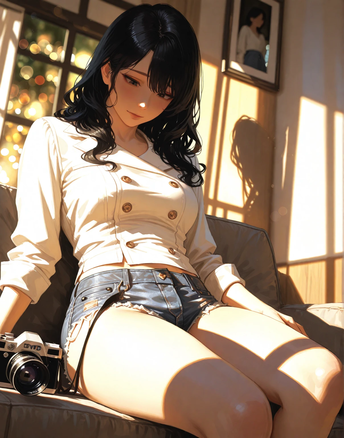 Cindy Aurum Final Fantasy , no sofa , fully body, open jacket without buttons , Topless, beautiful medium breasts showing , sexy e semi nua, ripped mini skirt with beautiful smile,, hand on private parts, long hair, surreal, 4K