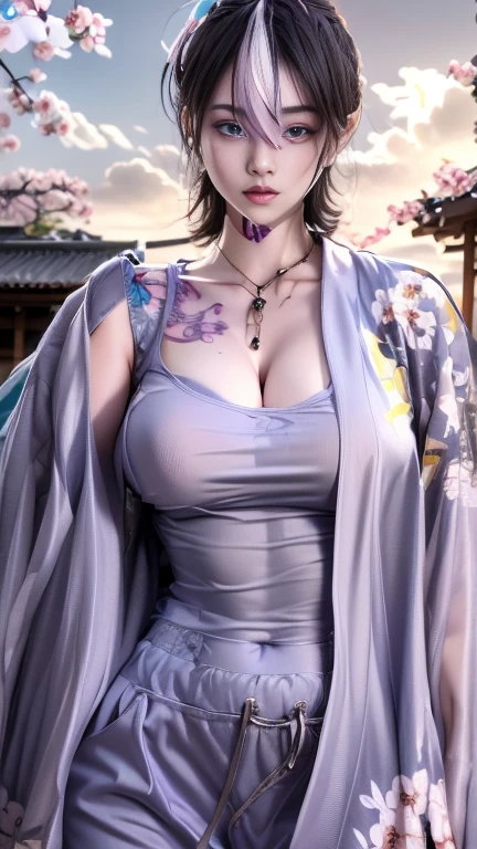 Bird's-eye view,Full body, solo,  bangs, bare shoulders, black hair, blunt bangs, (huge stacked breasts), lips, long hair, moles under the mouth, purple eyes, slightly dilated lips, smile, see-through, (wearing  bathrobes), Standing in the rainstorm, shame,(water-immersed body: 0.9), (Wet hair),(color-tattoos:1.5), (masterpiece: 1.4), (best quality: 1.4), real-life portrait photography, (shiny skin), looking at the viewer,Center,