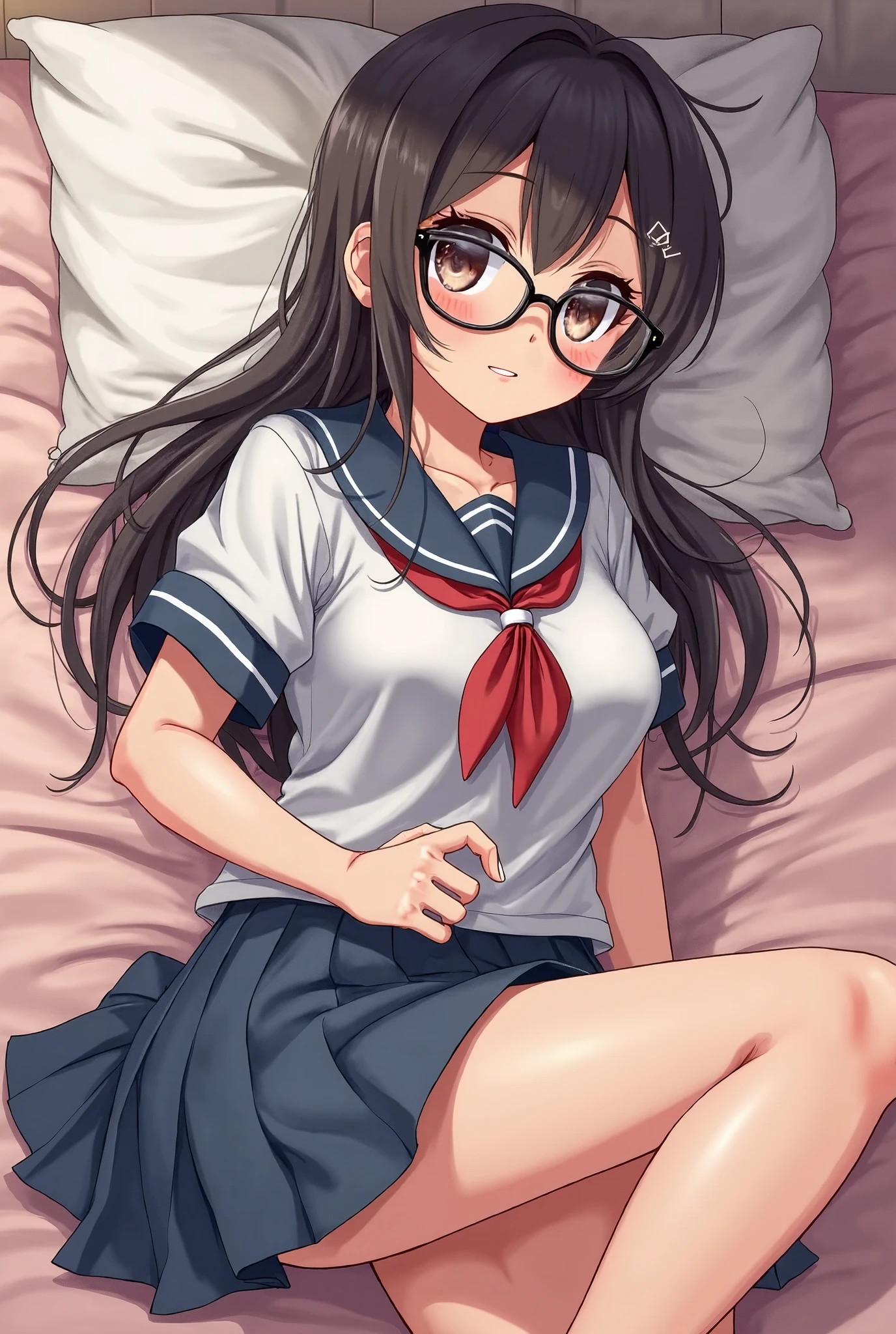 sober,meek,pantyhose,child,,bangs bangs,black hair,5 years old,best quality,from below,nsfw,foot up,full-face blush,4fingers and 1thumbs,mini skirt,twin braids,spread legs,Garter belt,on the bed,Glasses,nurse uniform