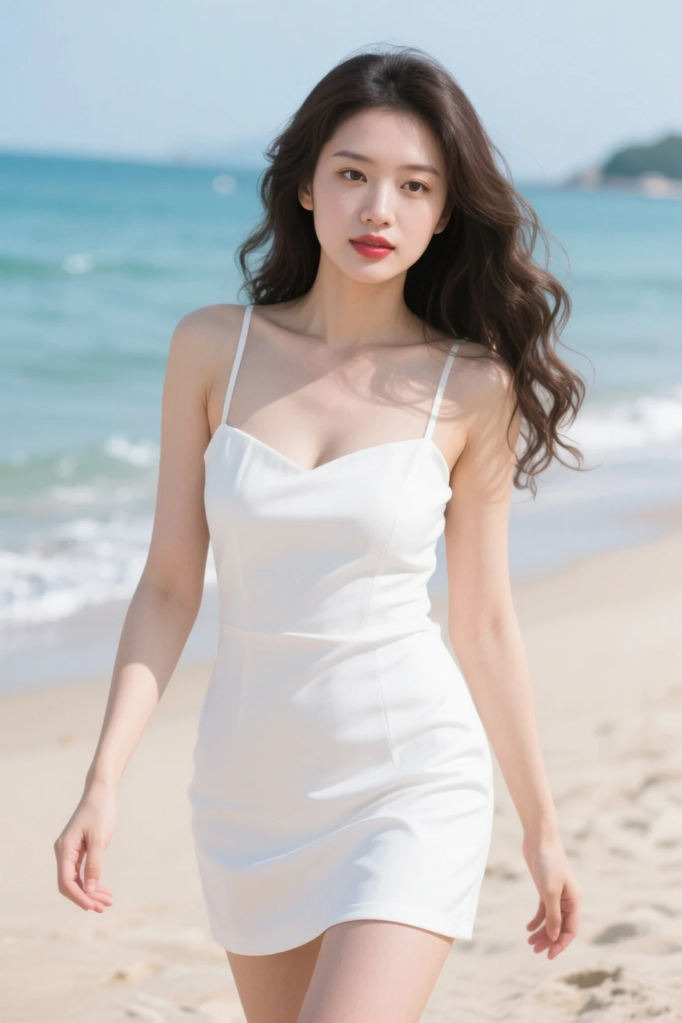 jk_lure_dress, ((cowboy shot)), ((Bare shoulder)), ((Short hemlines, sexy long legs)), realistic detailed photo of a giant breasted girl with exposed shoulders, detailed fingers, high quality skin, red eyes, alone in a winter scene with clouds, wind, and flowing hair, (best quality,4k,8k,highres,masterpiece:1.2),ultra-detailed,(realistic,photorealistic,photo-realistic:1.37),studio lighting,vivid colors