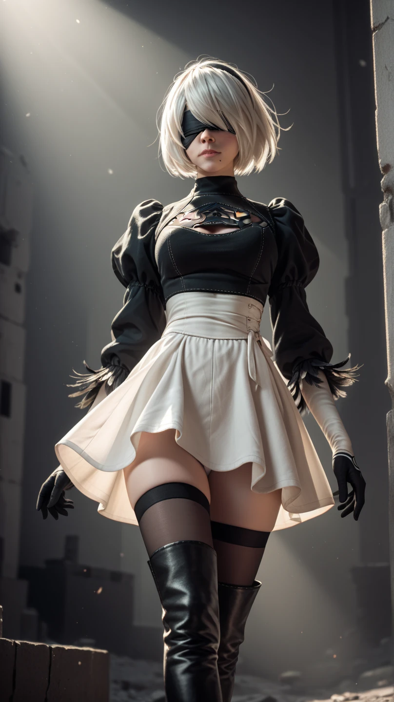 (8K, RAW photo, best quality, masterpiece:1.2), (realistic, photo-realistic:1.37), ultra-detailed, ultra high res, masterpiece, best quality, 1girl,cowboy shot, street, yorha2b,detailed background, 2bcosplay,2b,black dress,standing, from front,large breasts,tall girl,  eyeshade