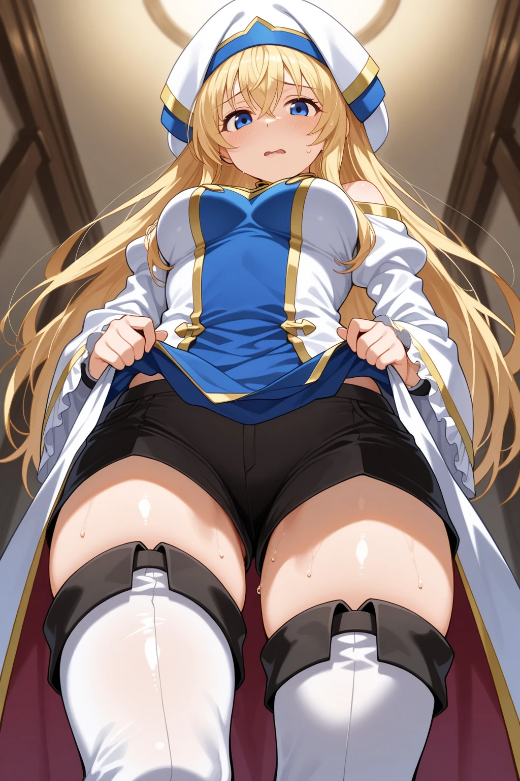 priestess, priestess, blonde hair, blue eyes, long hair, hair between eyes, (small breast:1.2), smile,
BREAK boots, dress, frilled sleeves, frills, hat, white headwear, pelvic curtain, high heels, robe, thigh boots, thighhighs, white thighhighs, long sleeves, puffy sleeves,
BREAK looking at viewer,
BREAK indoors, church,
BREAK (masterpiece:1.2), best quality, high resolution, unity 8k wallpaper, (illustration:0.8), (beautiful detailed eyes:1.6), extremely detailed face, perfect lighting, extremely detailed CG, (perfect hands, perfect anatomy),(white panties:1.5), small breasts, (sitting on floor), skirt lift, smile, leg up, spread legs, (short, tiny, little:1.5), open mouth, from below