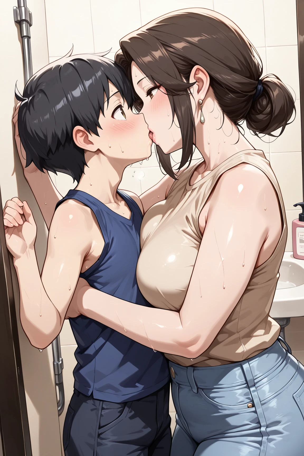 score_9, score_8_up, score_7_up, source_anime, 1boy, 1girl, mature female, mother and son, kid, hug, kiss, hand on head, kneeling, nude, naked