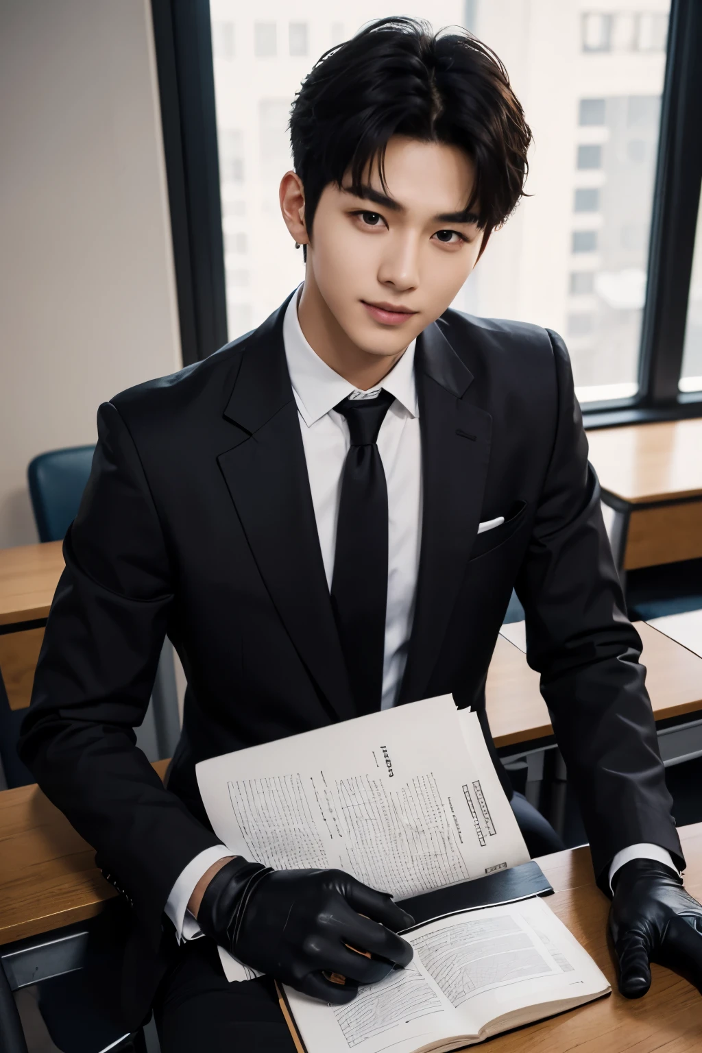 a slim muscular, Full body shot of a handsome K-pop male idol is wearing a leather school uniform with a tie and leather gloves. lie down lean on in classroom desk. tempting.sexy.try to rape.realistic high quality .intricate detail face , ultra high res, uhd. Hyper-realism. glare in one's eyes.an insidious smile