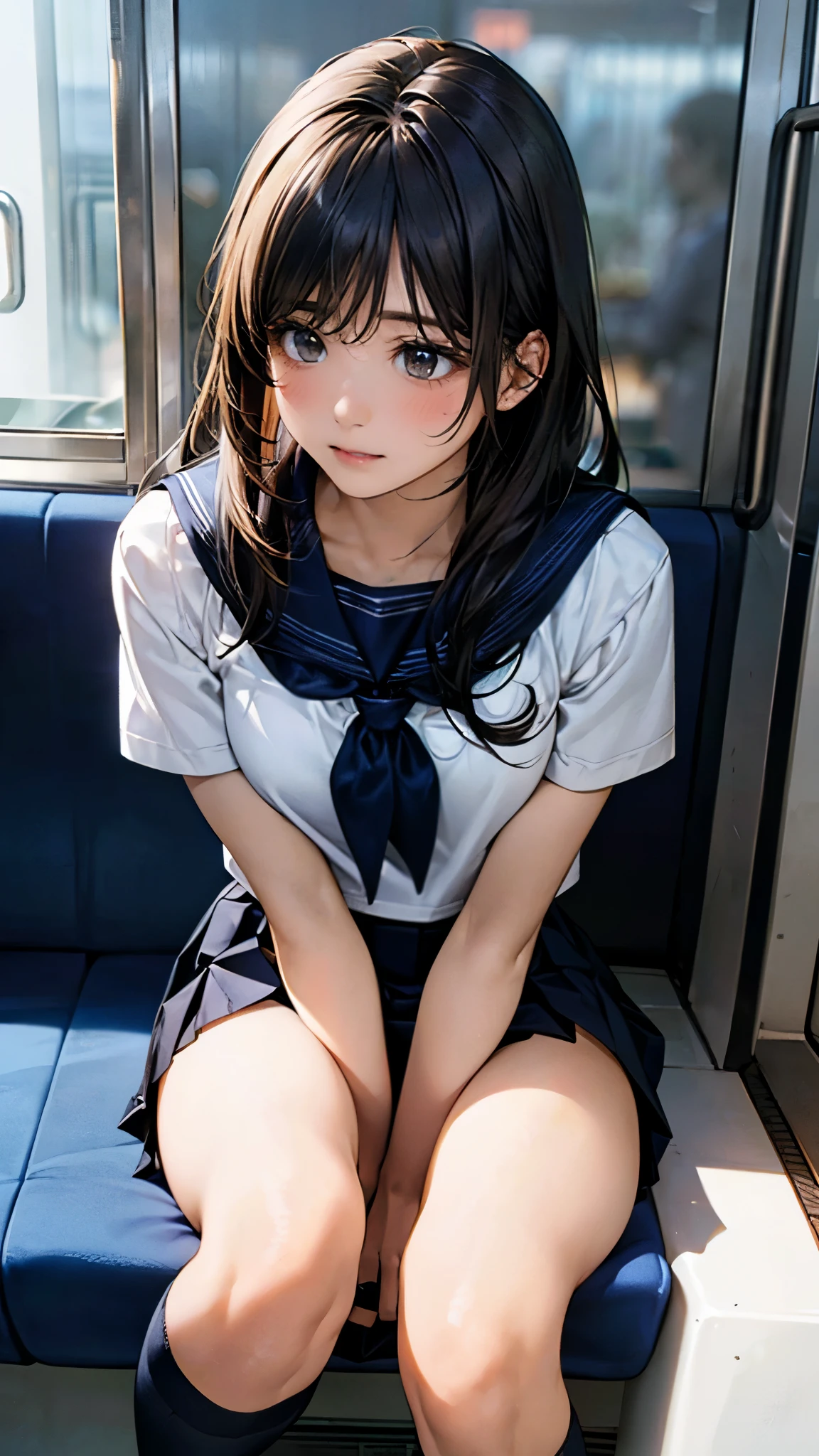 (masterpiece, best quality, high resolution:1.3), High detail RAW color, light on skin,  (anime painting:1.1),(high light:1.8),(blue tone),
 day time:1.9,
in door, day time:1.9, after the rain, Inside the train, InTrain, solo, 1girl  sitting,
1girl, [wet], large head:1.6, sitting, shiny skin, shiny hair,  looking_at_viewer:1.9, [grin] smile,  embarrassed,
three fingers:1.6, bowtie, kneehighs,  pink:1.9 panties, pantyshot,  
pink bra:1.4, white band school_bag, school_uniform, large size shirt, pleats skirt,  ,