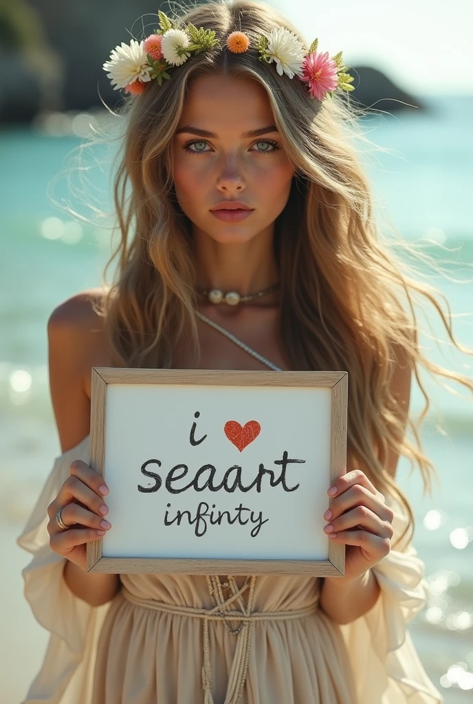 Beautiful girl with wavy long hair, bohemian dress, holding a white board with text "I Love Seaart Infinity" and showing it to the viewer