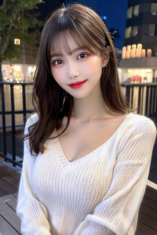 Tabletop, highest quality, shape, Very detailed, finely, High resolution, 8k wallpaper, Perfect dynamic composition, Beautiful and beautiful eyes, Natural Lip, (Big Breasts:1.4), Random sexy poses,RAW Photos,cute,smile、Tight knit dress that shows off your bust beautifully - Bust coordination、Off the shoulder