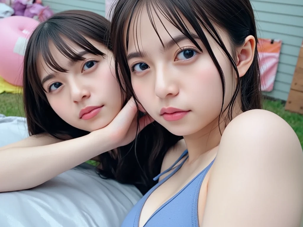 Two women of the same person huddled together、Exactly the same face、Exactly the same body type、Exactly the same hairstyle、Instagram model from another dimension, by 2 person, Imaginative, Metaphysical, Whimsical, Anaglyph Style, 1 Japan, Cute face, 18-year-old,