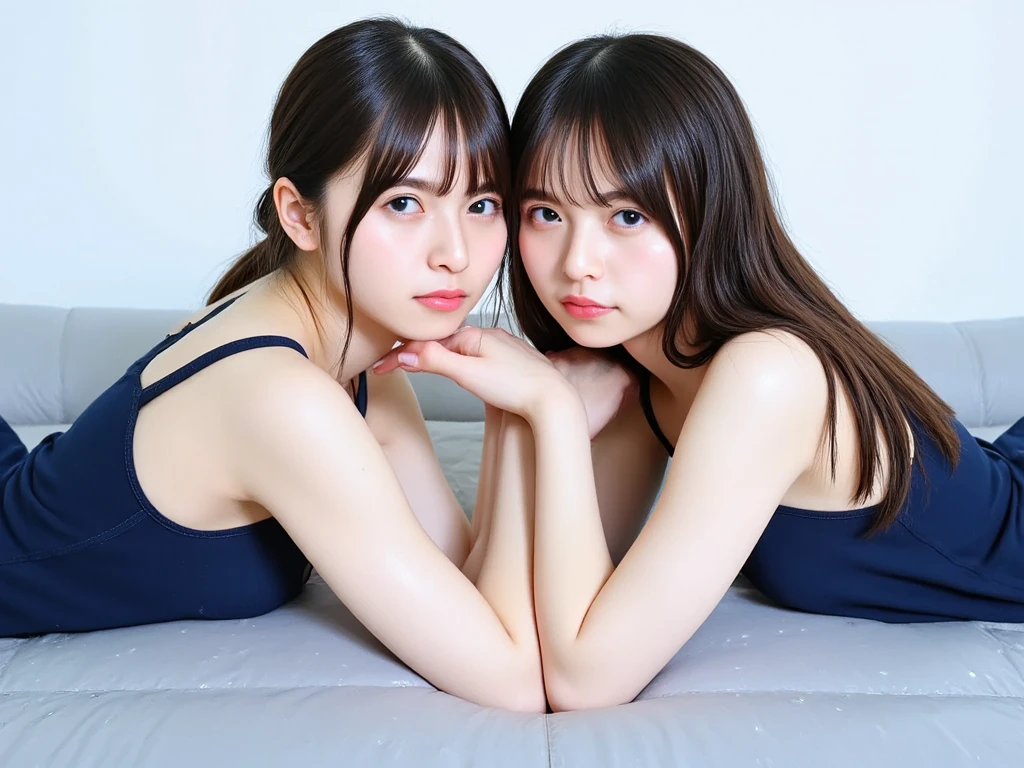 Realstic、photorealestic、A masterpie、Perfect lighting、Perfect strobe、Shooting with a single-lens reflex camera、Top image quality、ultra-highres、8K、high-detailed、delicated、perfect hand、perfect foot、Perfect fingers、perfect faces、Perfect Body、flawless anatomy、Photo-quality background、Shot from above、realistic faces、Sister's room、Cute Woman、Japanese people、16 years、C cup breasts、A sexy、opening the crotch、Underwear、((Girls are tickling each other))、(Erect nipple)、Thin white shirt in fabric、お漏らし、