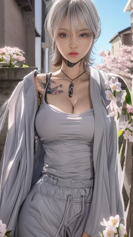 photorealistic, high resolution, soft light,1women, solo, hips up, (detailed face), nami \(one piece\), tattoo, jewelry,kochou shinobu,multicolored hair,no bangs,hair intakes,purple eyes,forehead,black shirt,black pants,haori,butterfly,buttons,belt, katana