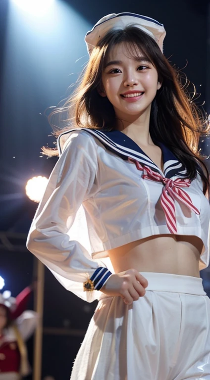 ((masterpiece, highest quality)),shape,Ultra detailed 8K,realistic,sharp focus,very detailed,professional lighting,colorful details,((Euphoric look))、((smile:1.0)、((sweating))、((translucent:1.1 sailor suit))、Pink and red、ribbon、sailor hat、super cute girl、Part of an idol group、(((Dancing at concerts)))、Hair is moving、spotlight of、18-year-old,shine,intricate details,Shitsumeka,1 A girl is in front of the audience..,belly button