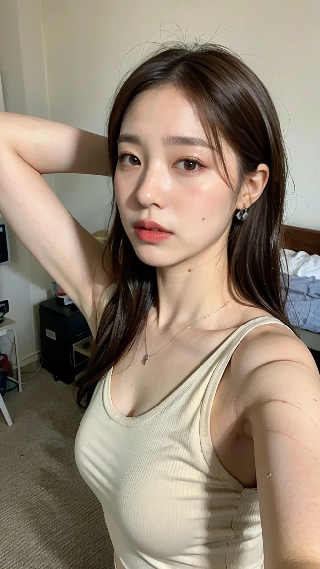 （lifelike, realistic， high resolution：1.3）， 1 fille avec un corps parfait， Super fine face and eyes，Longhaire，pigtails,  Very tight tank top in random colors：1.2， jupe courte， huge tits, Exposer le décolleté