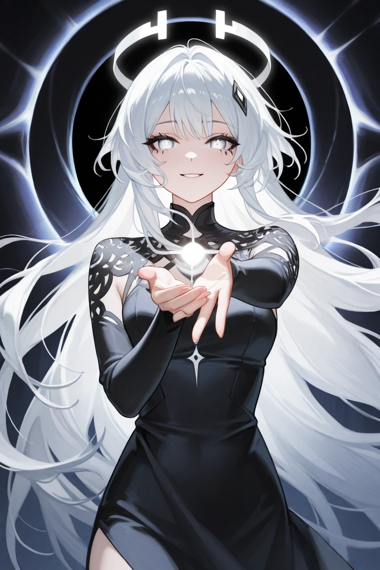 Angel light blue skin short wavy white hair with bangs that cover the eyes skeletal wings