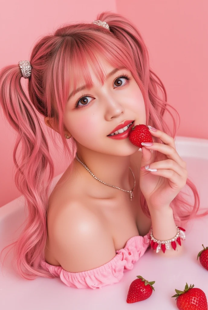 (8k, 4k, best quality, highres:1.2), (maasterpiece, realistic, photo realistic:1.37), 1girl, solo, beautiful face, eyelashes, nose, glossy lips, (detailed eyes, looking at viewer, fair skin, white skin:1.5), fine complexion, upper body,
large breasts, busty, , (:1.5),
outdoor onsen,
two side up, absurdly long hair, blonde hair, pink hair, bangs, hair ornament, bow,
younger, aged down,