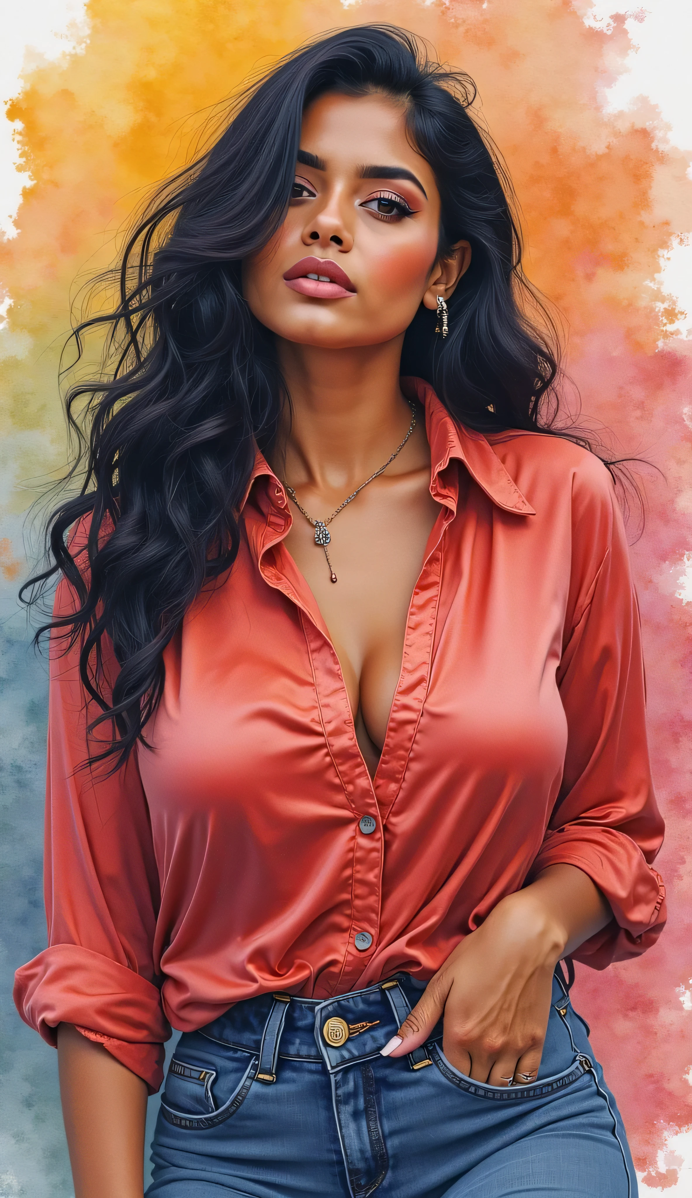 a water color painting of a Mexican woman, plump and curvy body, with a silk shirt and a colorful background, gorgeous digital painting, beautiful character painting, elegant digital painting, fully clothed. painting of sexy, hd digital painting, beautiful digital painting, detailed painting 4 k, stunning digital painting, gorgeous woman, realistic female portrait, beautiful digital artwork, Mexican woman with black hair