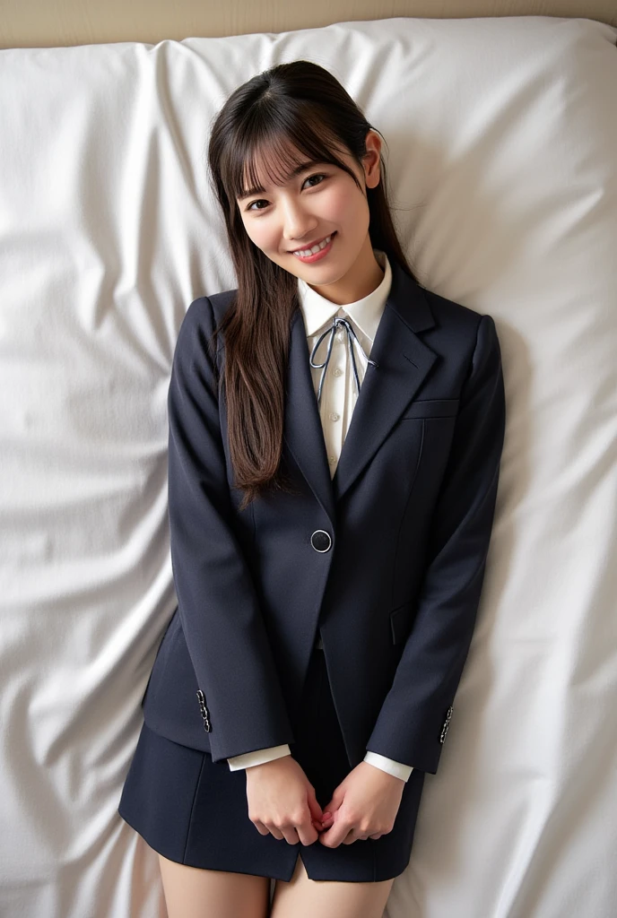 (8K), (highest quality: 1.2), (realistic), (realistic: 1.37), ultra high resolution, 1 girl, cute, smile, closed mouth, thick lips,beautiful details, beautiful nose, straight black hair, giant dulcefo, pork, thighs,self snap,University Student Uniform,simple blazer,pleated skirt,opaque tights,bed,spread your legs ,skirt lift, From above,close up on face