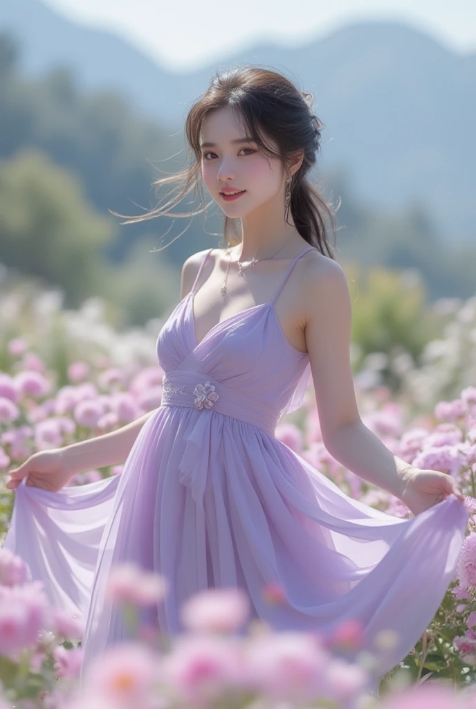 (masterpiece、top-quality)、high resolution details、foco nítido、(Photoreal Stick:1.2)、1girl、FULL BODYSHOT、The liveliness of the girl and the beauty of the flowers are seamlessly blended、As she dances through a kaleidoscope of vibrancy of flowers and curvaceous beauty、Flowers react、Reflect her movements in a captivating fractal design、