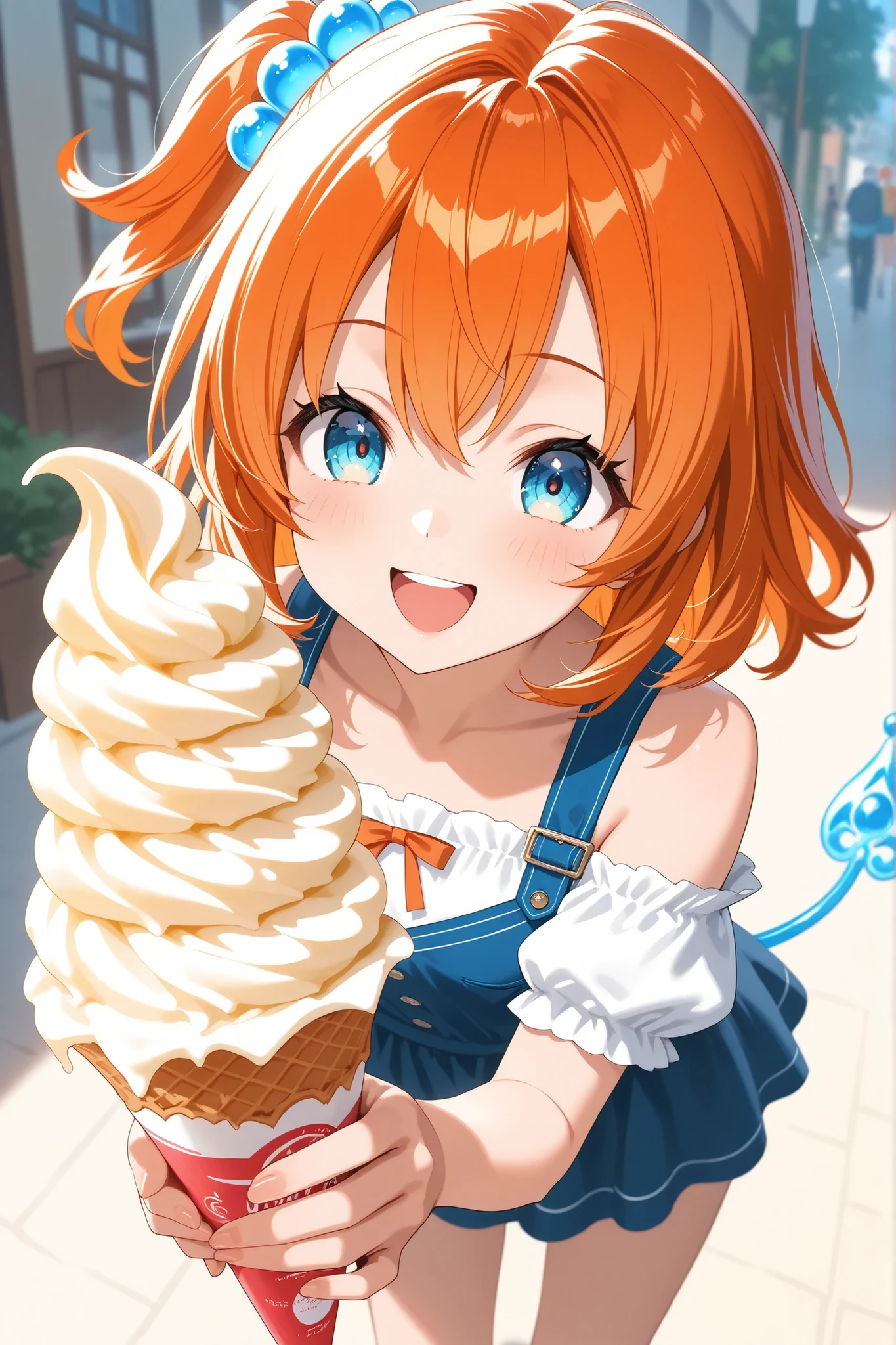  ultra-detailed,8K,illustration,CG,1 cute girl, orange hair,
side tail,acqua eyes,happy smile,happy,,soft serve ice cream