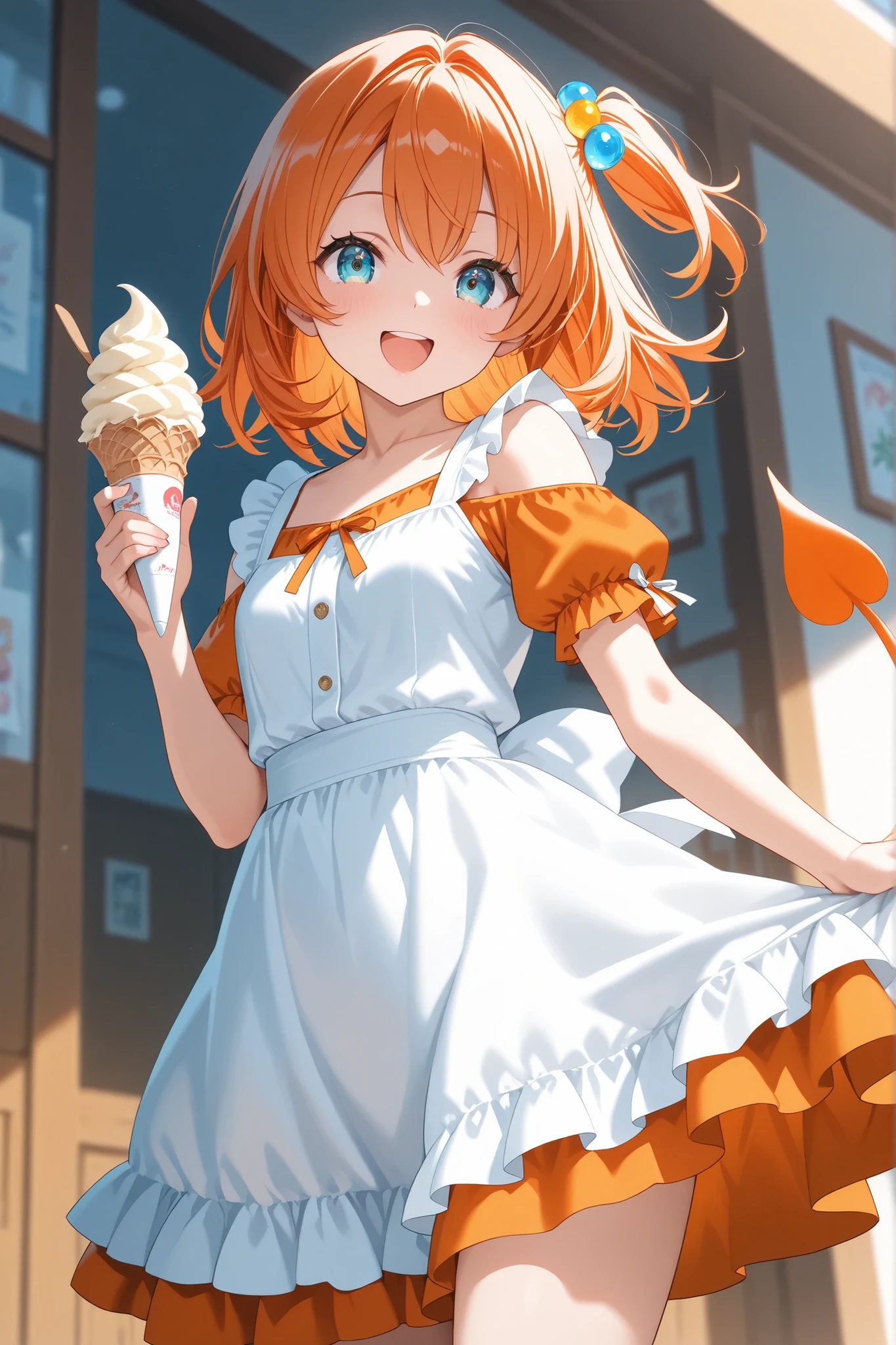 ultra-detailed,8K,illustration,CG,1 cute girl, orange hair,
side tail,acqua eyes,happy smile,happy,,soft serve ice cream