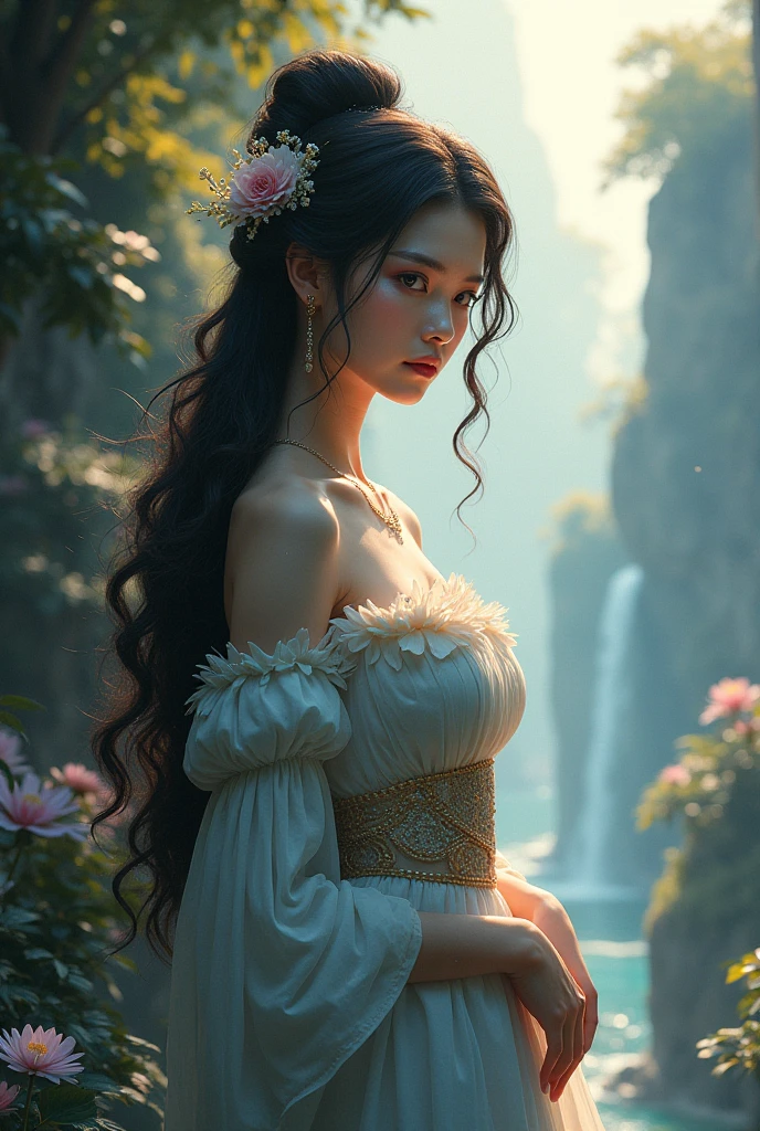 A girl with long black hair, fair skin, and blue eyes stands in a beautifully detailed garden. Her hair cascades down her shoulders, flowing in the soft breeze. The garden is filled with vibrant flowers of all colors, creating a vivid and lively atmosphere. The sunlight gently filters through the leaves, casting a warm and soft lighting on the scene. The girl's eyes are mesmerizing, reflecting the colors of the garden and adding a touch of magic to her gaze. Her fair skin glows in the sunlight, giving her an ethereal and delicate appearance. The image is ultra-detailed, capturing every strand of hair, every petal of the flowers, and every subtle expression on the girl's face. The colors are rich and vibrant, enhancing the overall visual impact of the artwork. The combination of the realistic rendering and the dreamy atmosphere creates a masterpiece that is both captivating and enchanting.