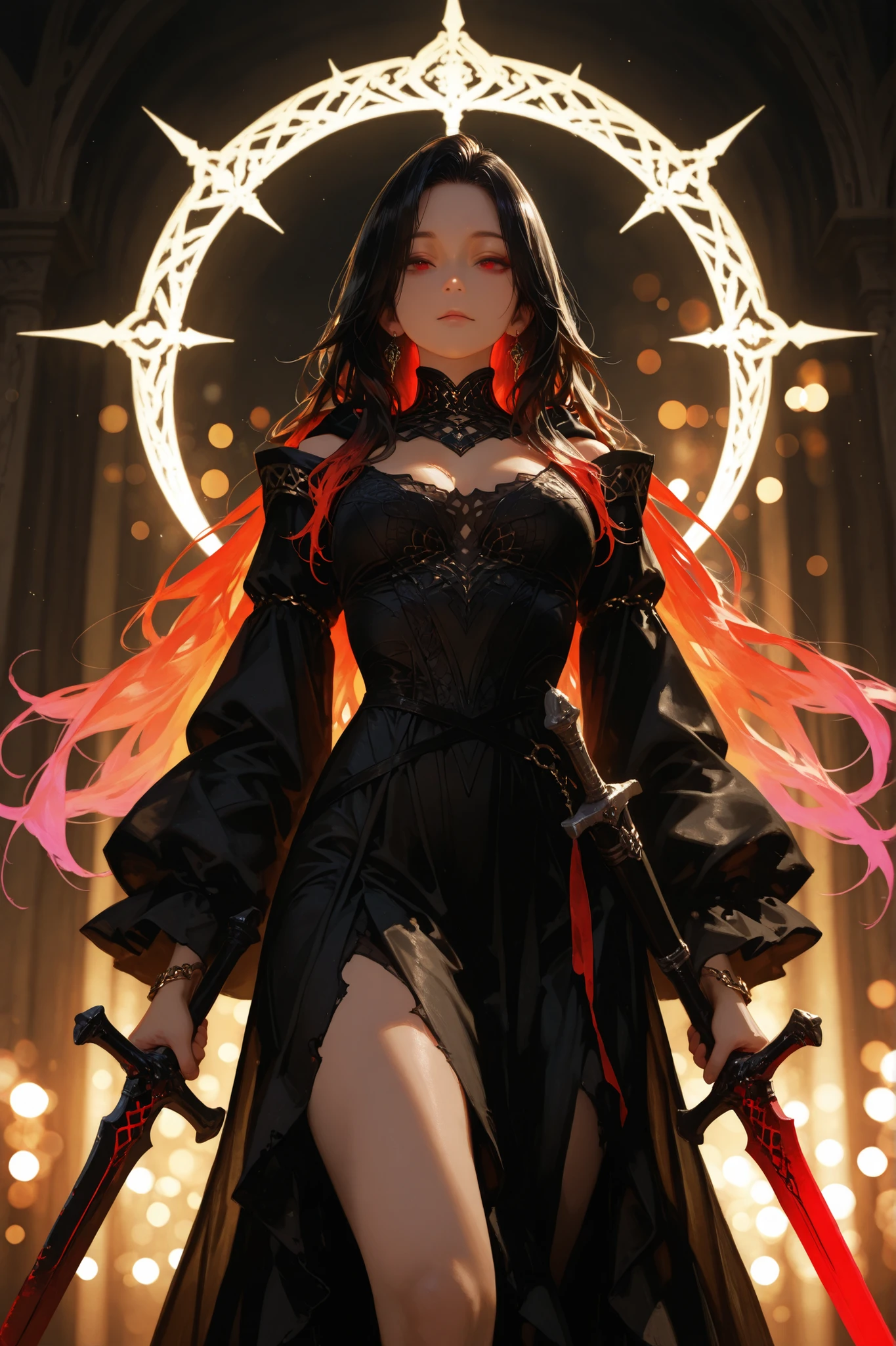 Noble goddess of judgment,exquisite detailed portraits of people(frontal view),long, supple black hair,Wears a black hood,looks somber and calm,is wearing a gorgeous damaged black dress,has a large aperture on the back,Standing on its side with the sword,, the white blade shines against the jet black scabbard,The texture is realistic and realistic,4k HD,professional lighting,Excellent quality,Extreme Details,2D,Physically based on rendering,Extremely rich texture,vivid colors,Super clear,Bokeh