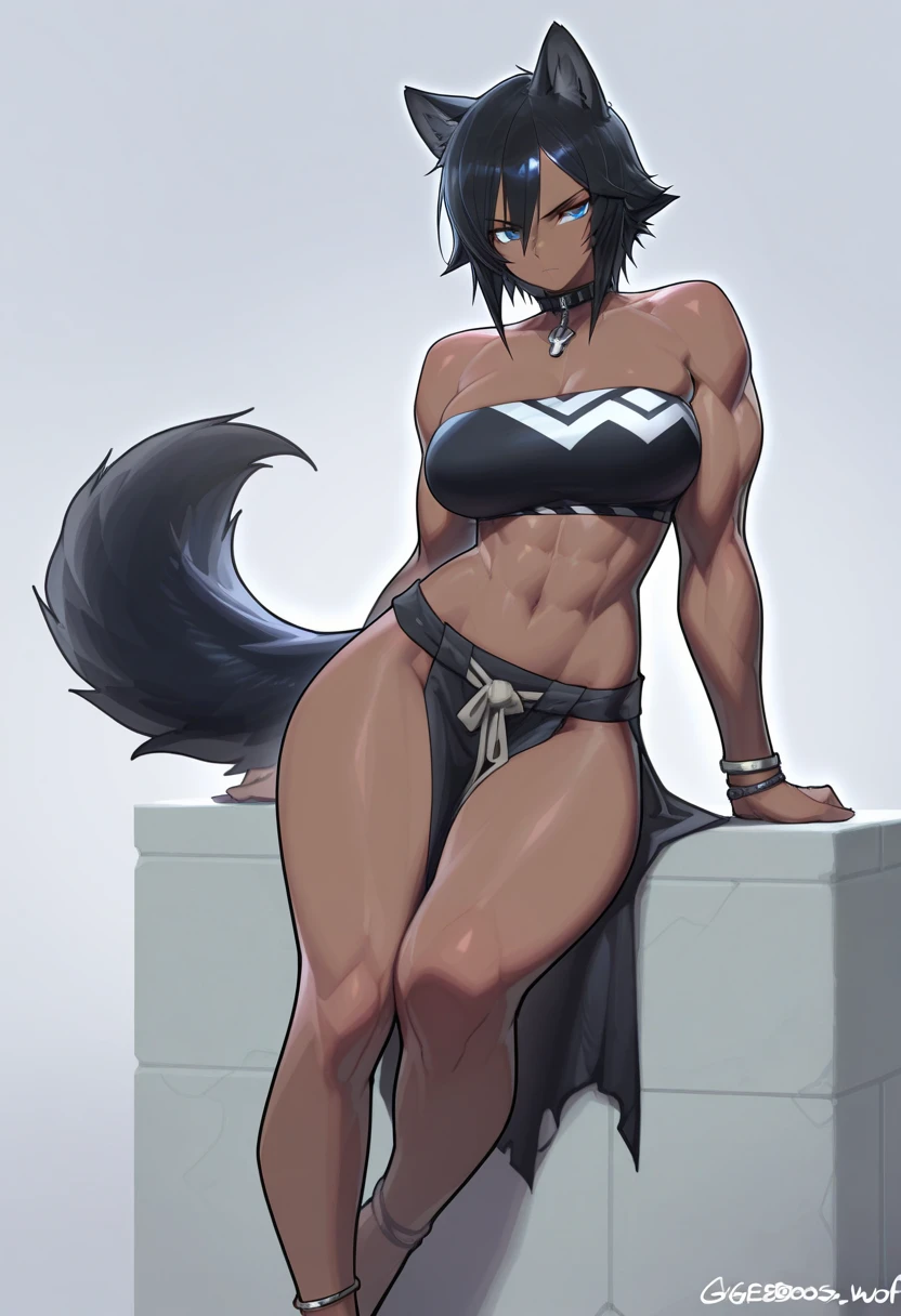 small black anime girl, pinscher, Priority BASE IMAGE ID coj59vte878c739e2i2g, DETAILED IMAGE, full body, big breasts, cleavage, red eyes, fighter pose, bad expression