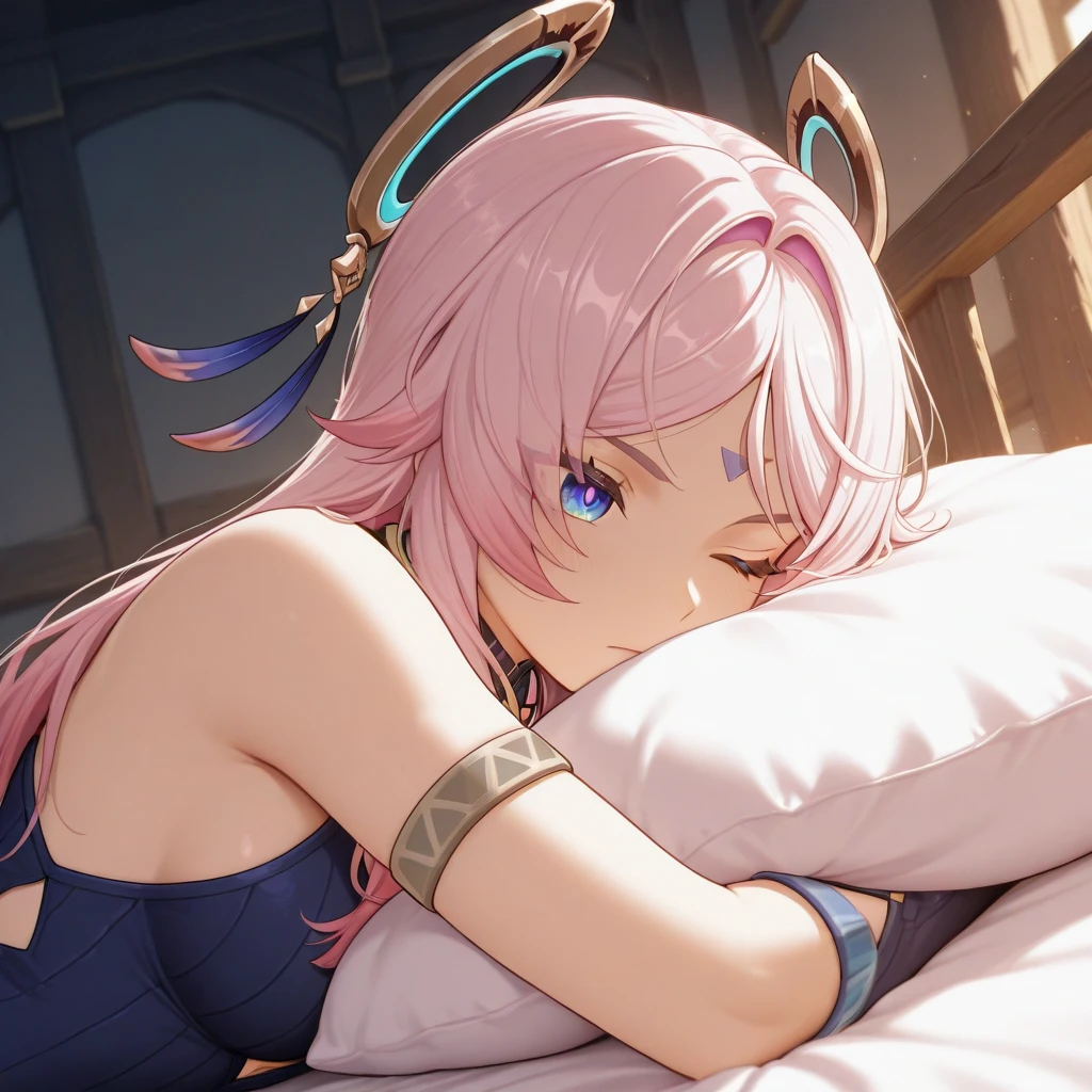 masterpiece, best quality, super detailed, illustration, 1 girl, solo, fantasy planet, dream scene, cute beautiful girl, detailed, hair accessory, ribbon, hair band, earrings, necklace, bracelet, anklet, flower, pastel color, pink hair, curly hair, lying on the side of the bed and falling asleep